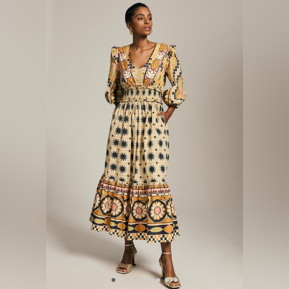 EC Anthropologie Farm Rio Tropical Sunshine Puff Sleeve Long Dress Plus 1X